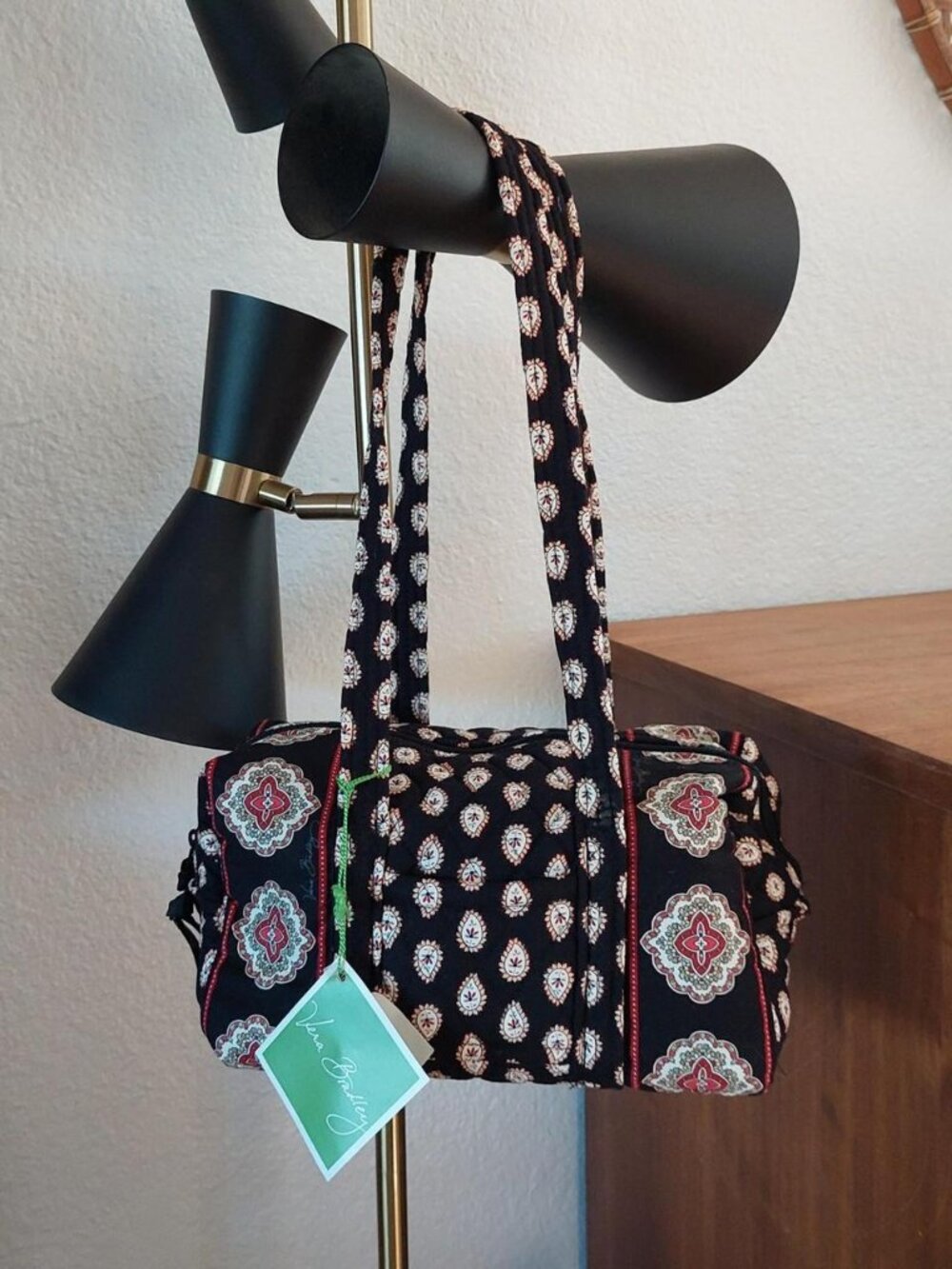 Vera Bradley classic black duffle bag bag 100 with white and red paisley and flo